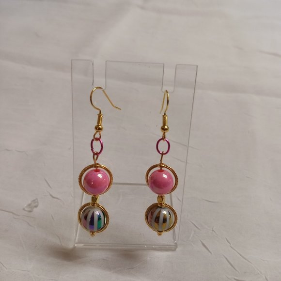 Steel Handmade Hand Crafted Pink & Rainbow Beaded Dangle Earrings Jewelry #52 - Picture 6 of 8